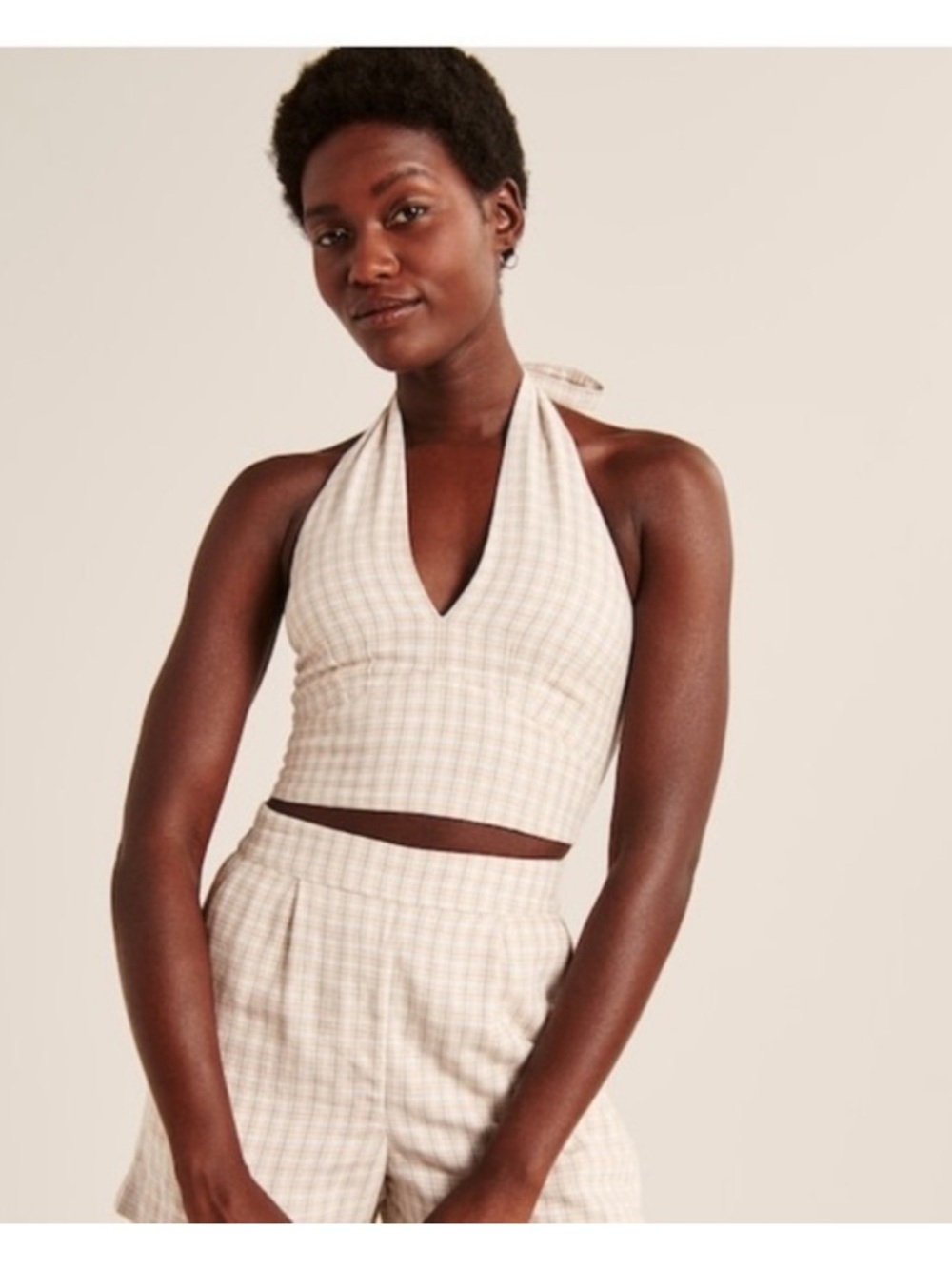 Abercrombie & Fitch Cream and Tan Plaid Halter Crop Top